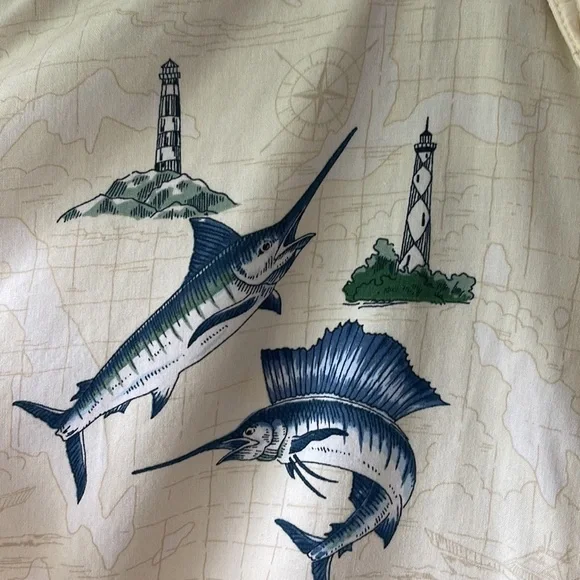 HOOK & TACKLE Swordfish Lighthouse Fishing Nautical Map Button Down Size Medium - Picture 2 of 11